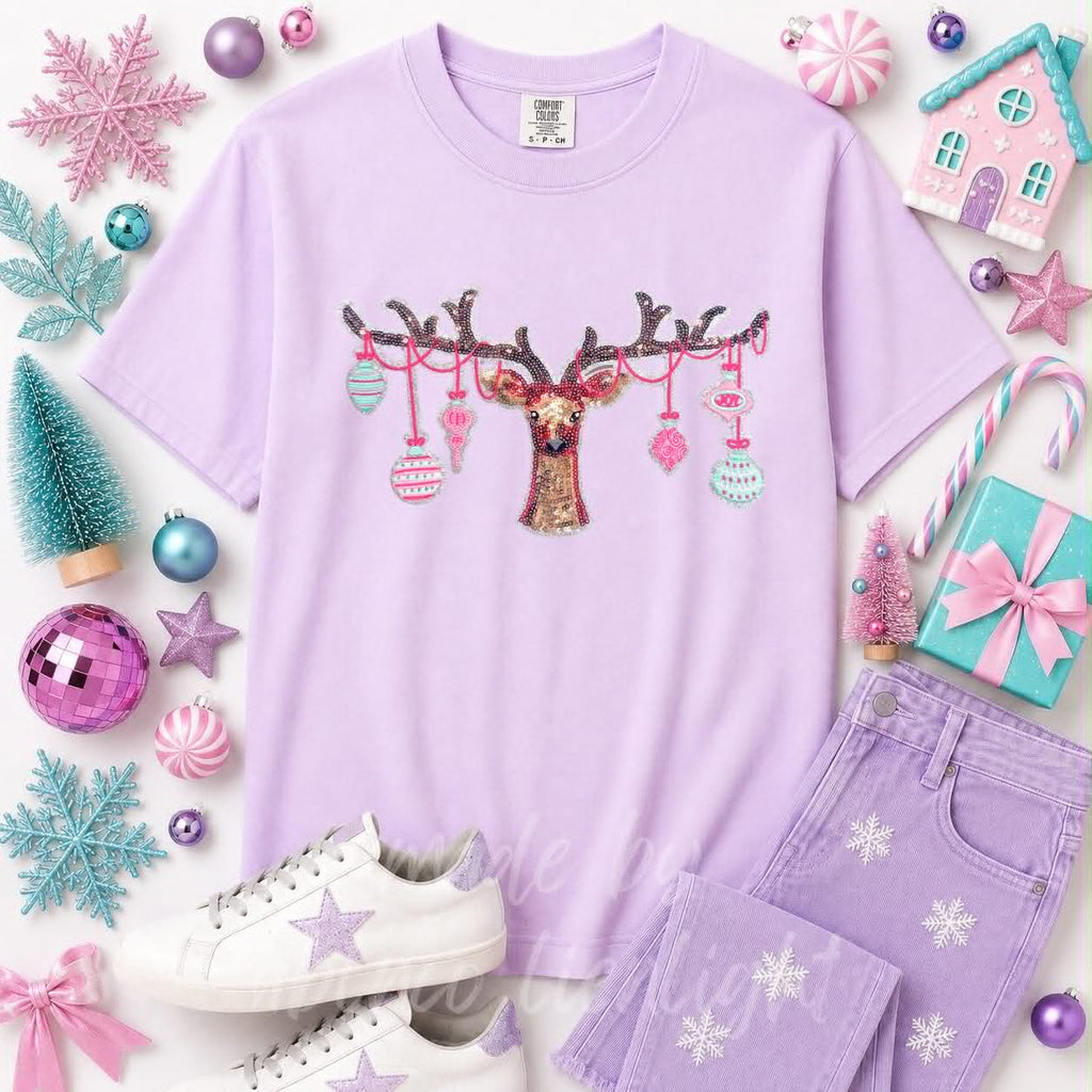 Ornament Reindeer Christmas Sequin Patch Tshirt