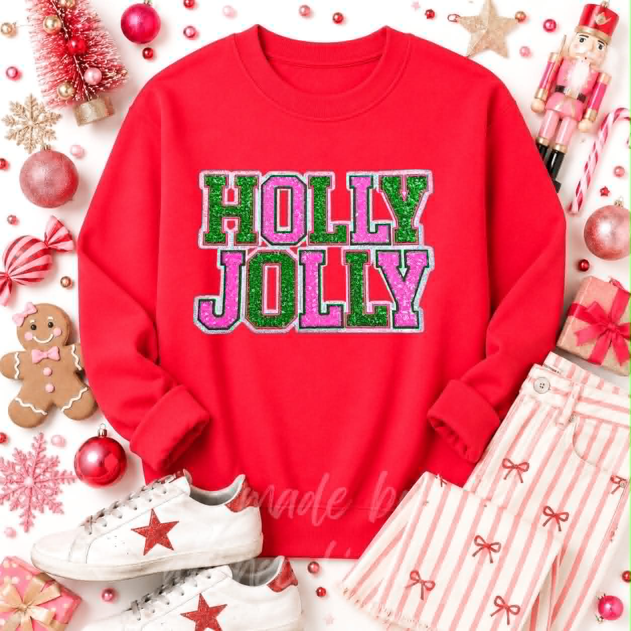 Pink & Green Holly Jolly Christmas Sequin Patch Sweatshirt