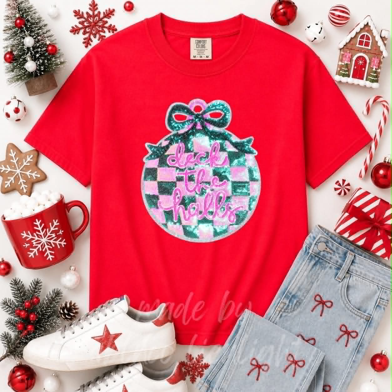 Deck the Halls Ornament Christmas Sequin Patch Tshirt