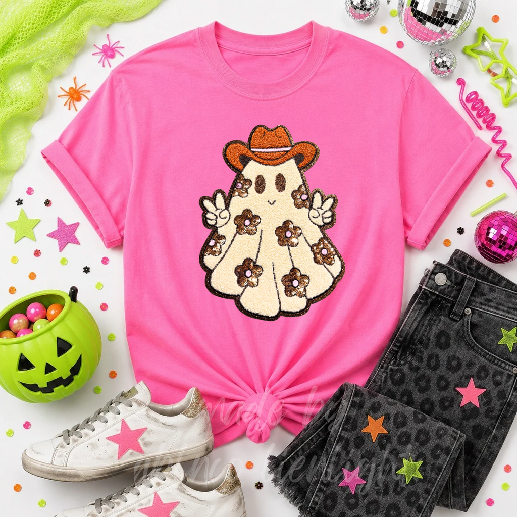 Floral Ghost Halloween Sequin Patch Tshirt