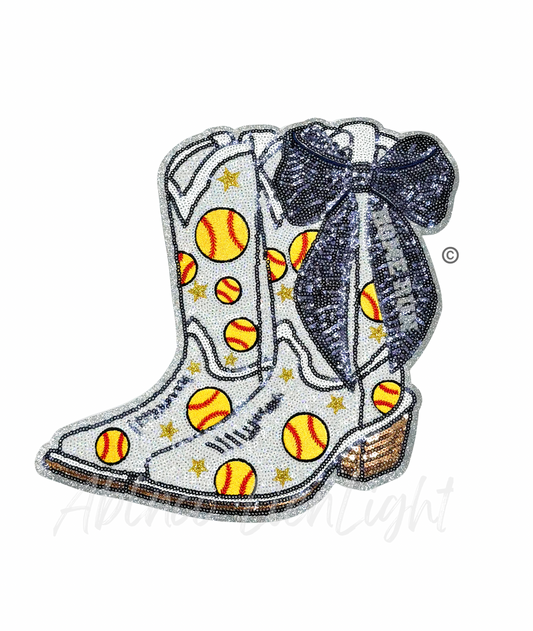 Softball Homerun Star Navy Bow Boots Sequin Patch - Large