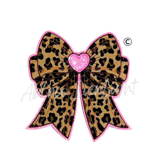 Chenille Cheetah Heart Bow Valentines Day Patch - Large