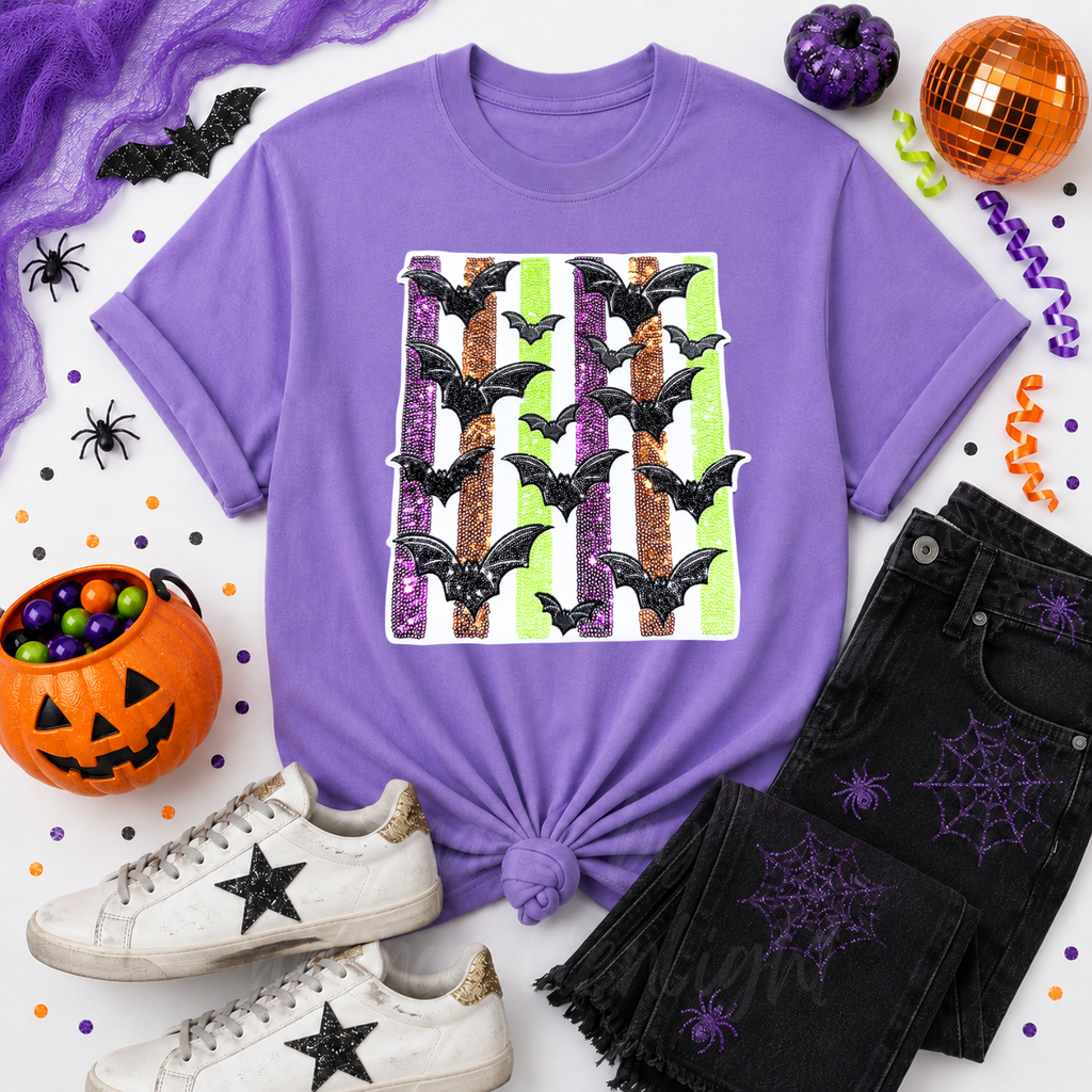 Colorful Striped Bats Halloween Sequin Patch Tshirt