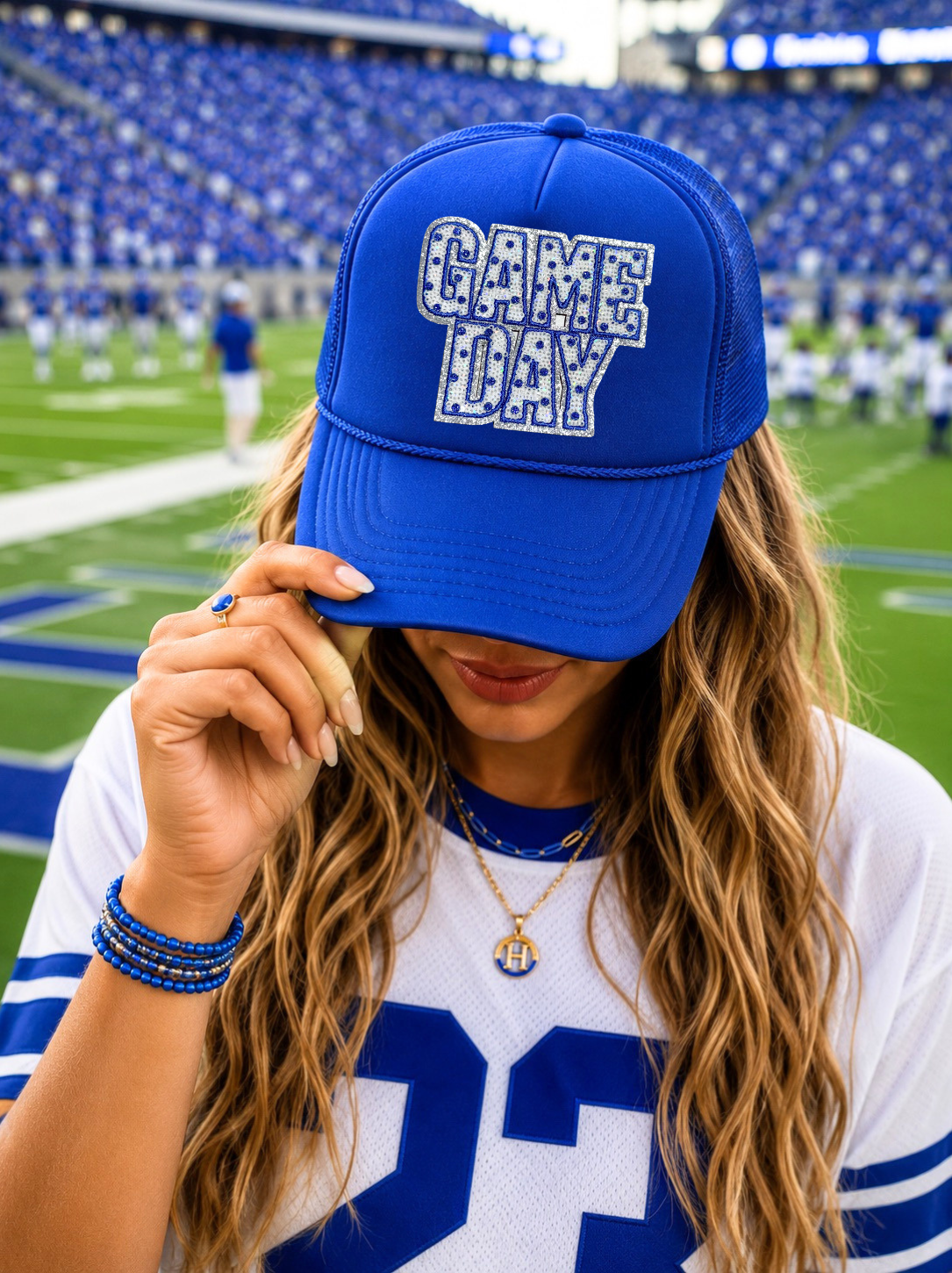 Royal Blue Polka Dots Game Day Sequin Patch Otto Trucker Hat