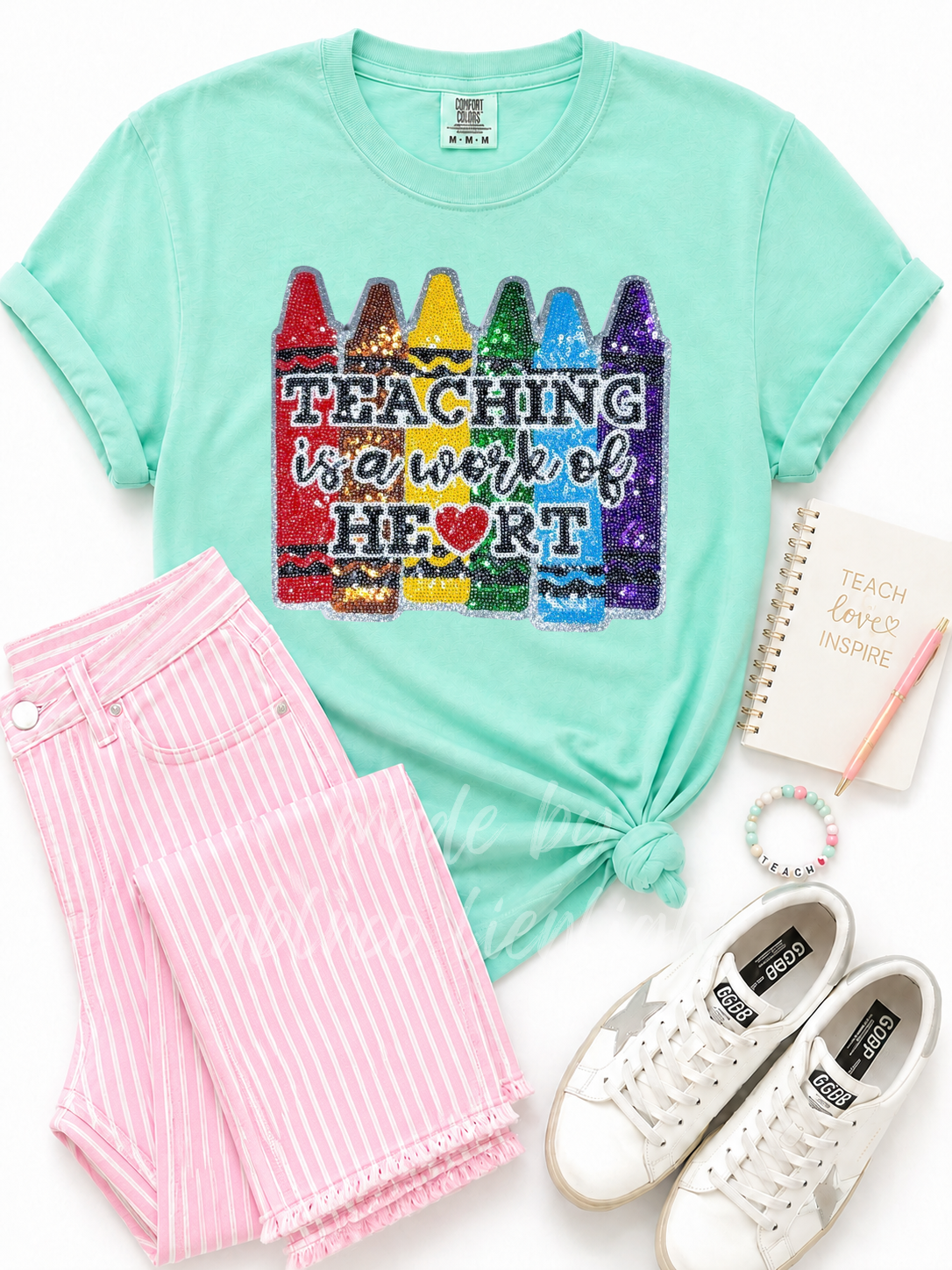 Teaching Is a Work Of Heart Teacher Sequin Patch Tshirt