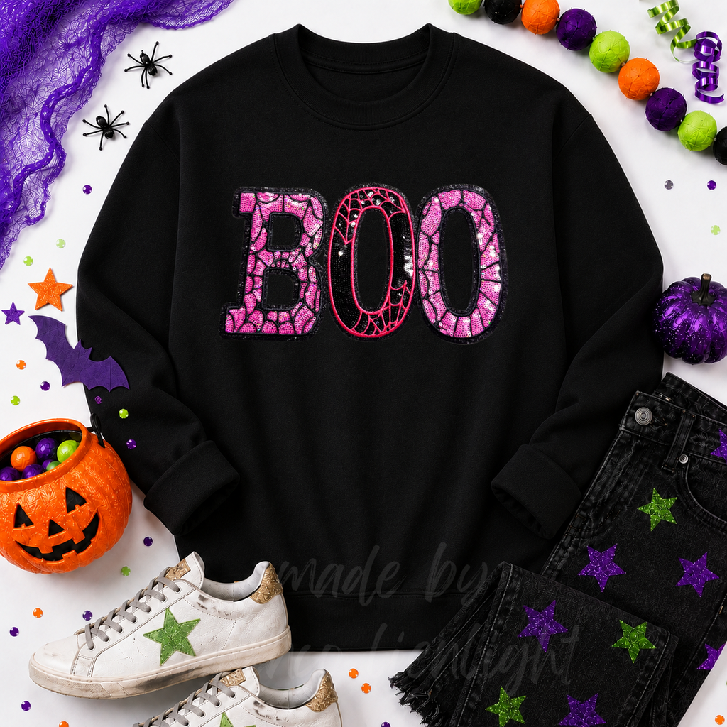 Pink Spider Web Boo Halloween Sequin Patch Sweatshirt