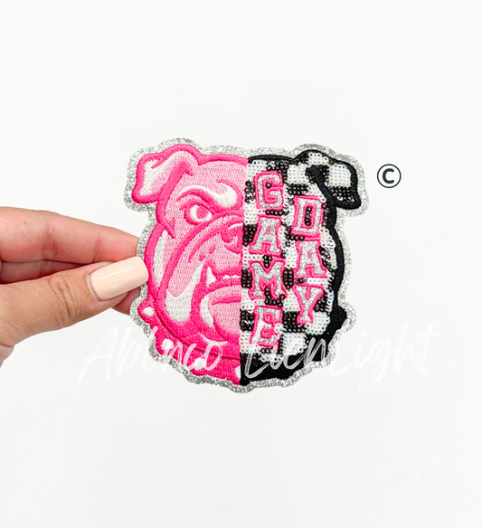 Preppy Pink Checkered Bulldog Mascot Game Day Sequin Patch - Small