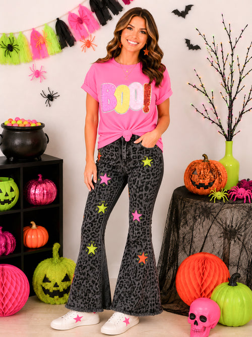 Colorful Boo Halloween Sequin Patch Tshirt