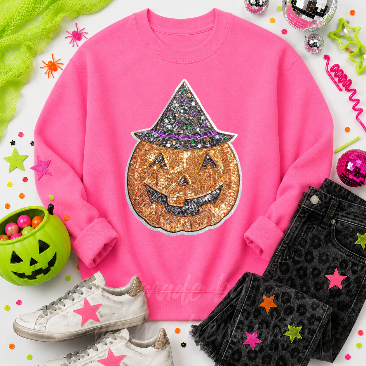 Witchy Pumpkin Halloween Sequin Patch Sweatshirt