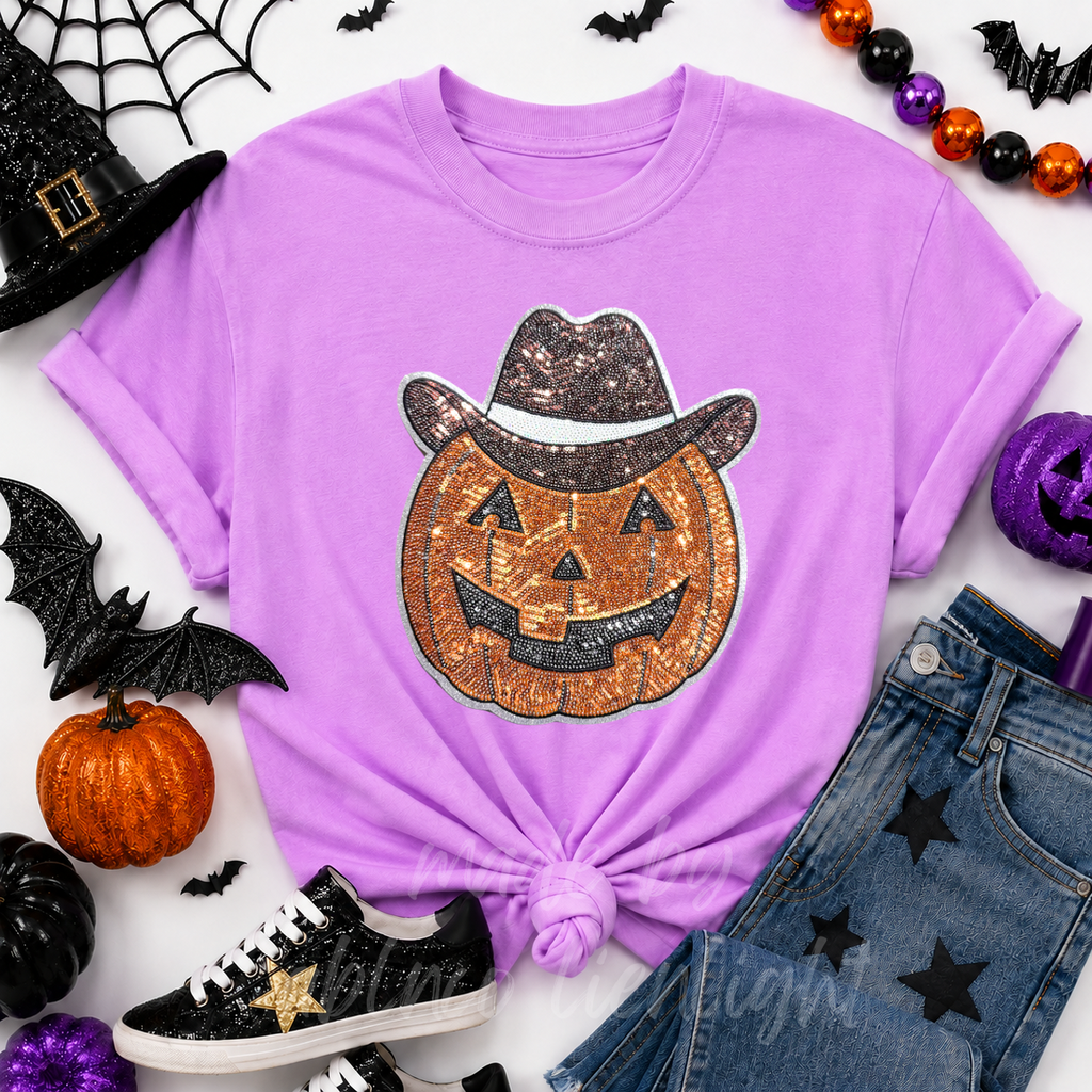Cowboy Pumpkin Halloween Sequin Patch Tshirt