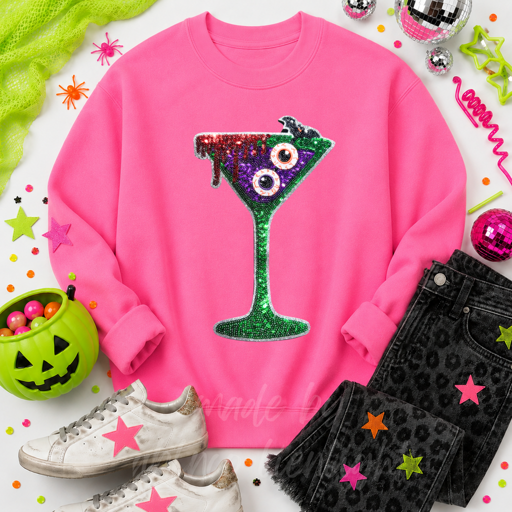 Bloody Eyeballs Martini Halloween Sequin Patch Sweatshirt