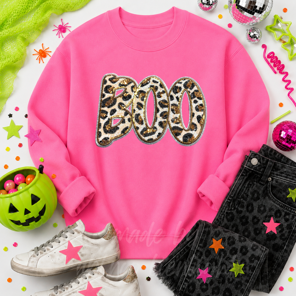 Cheetah Print Boo Halloween Sequin Patch Sweatshirt