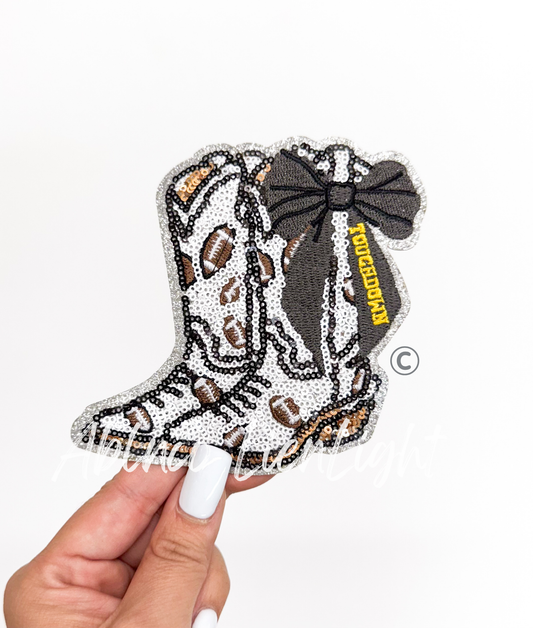 Football Touchdown Star Black Bow Boots Sequin Patch - Small