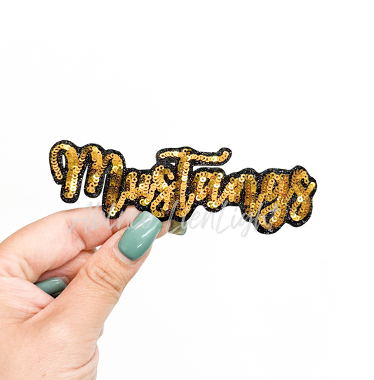 Gold Mustangs Mascot Script Letter Sequin Patch - Small