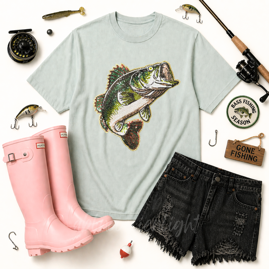 Bass Fishing Sequin Patch Tshirt