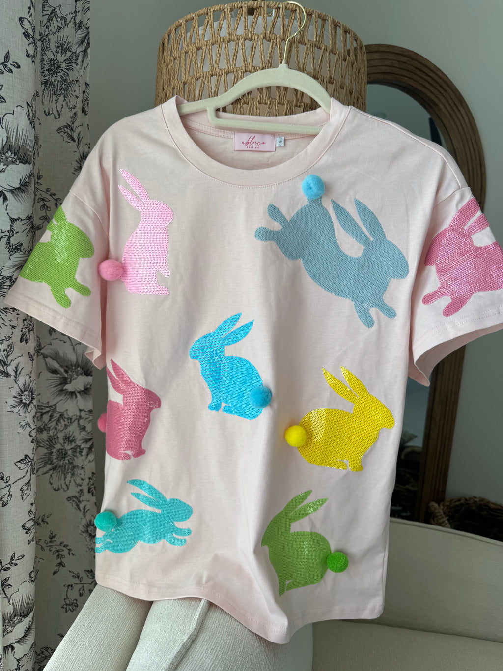 Pink Easter Bunny Poofs Spring Real Sequin Tshirt