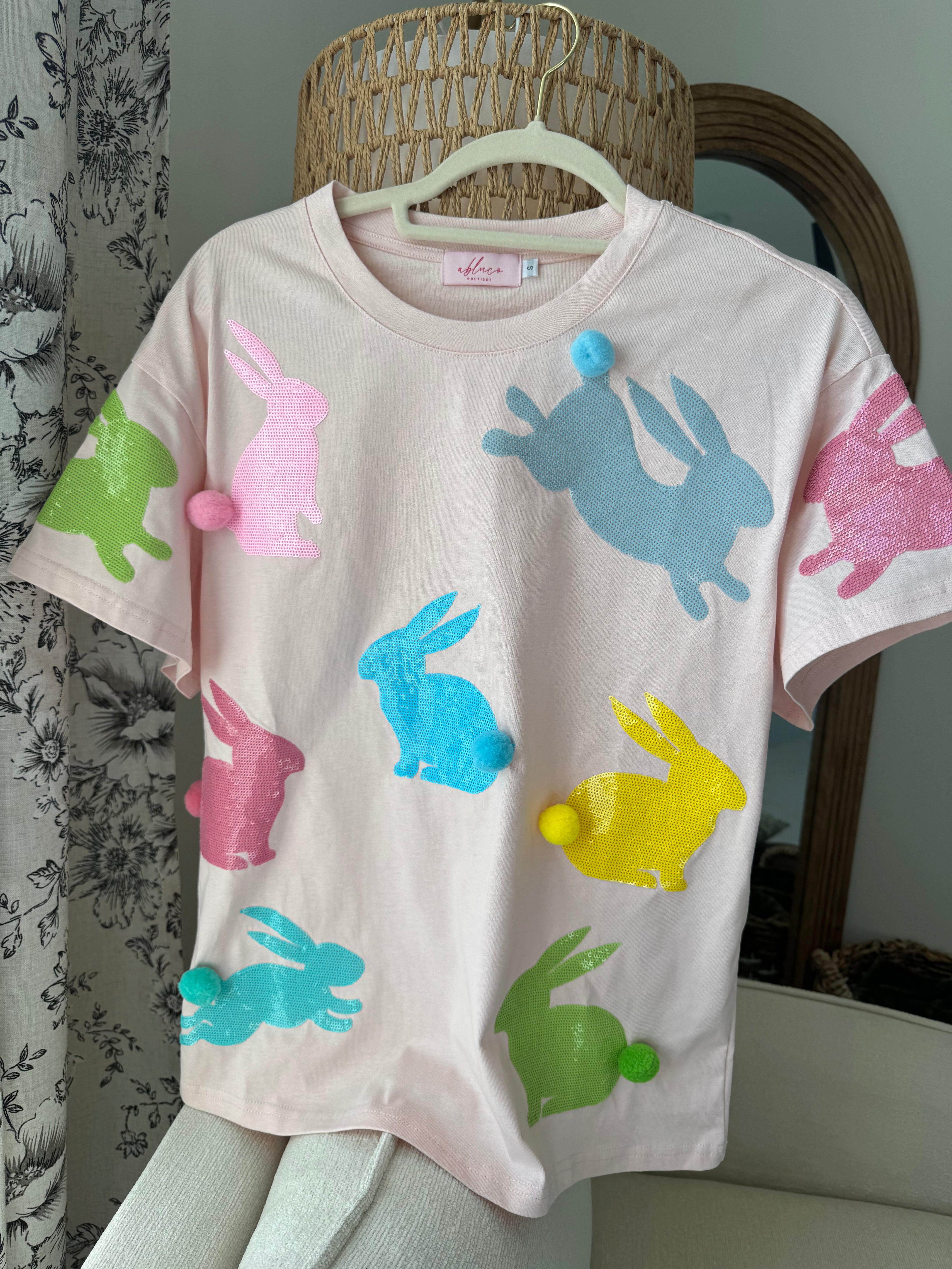 Pink Easter Bunny Poofs Spring Real Sequin Tshirt