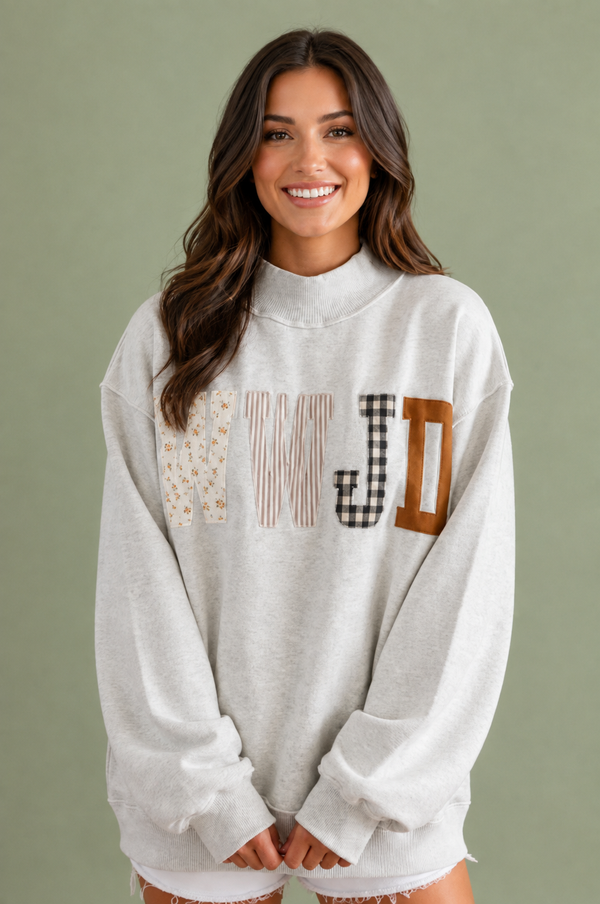 WWJD Appliqué Patchwork Mock Neck Sweatshirt | Christian Pullover