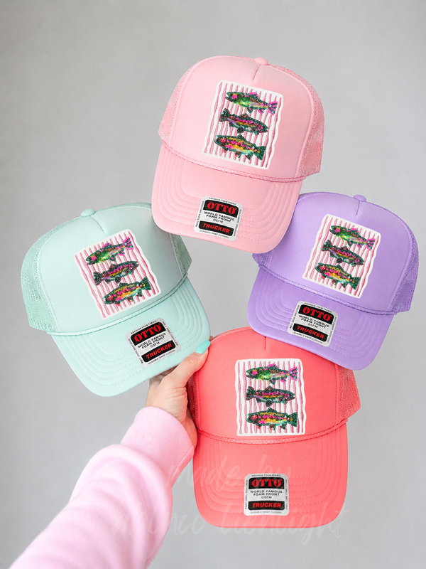 Rainbow Trout Fish Trio Summer Sequin Patch Otto Trucker Hat