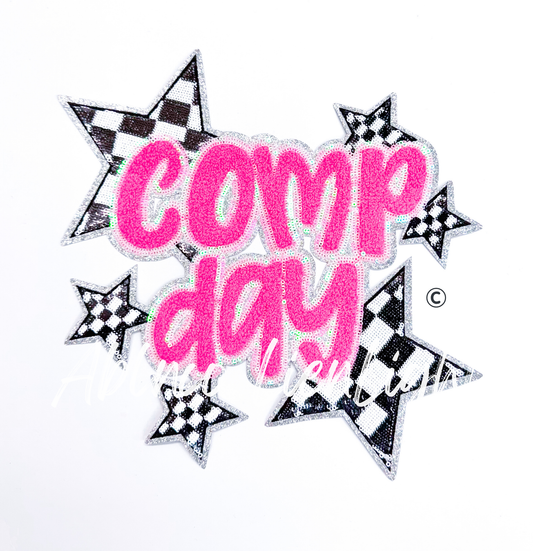 Pink Comp Day Checkered Star Sequin Chenille Patch - Large