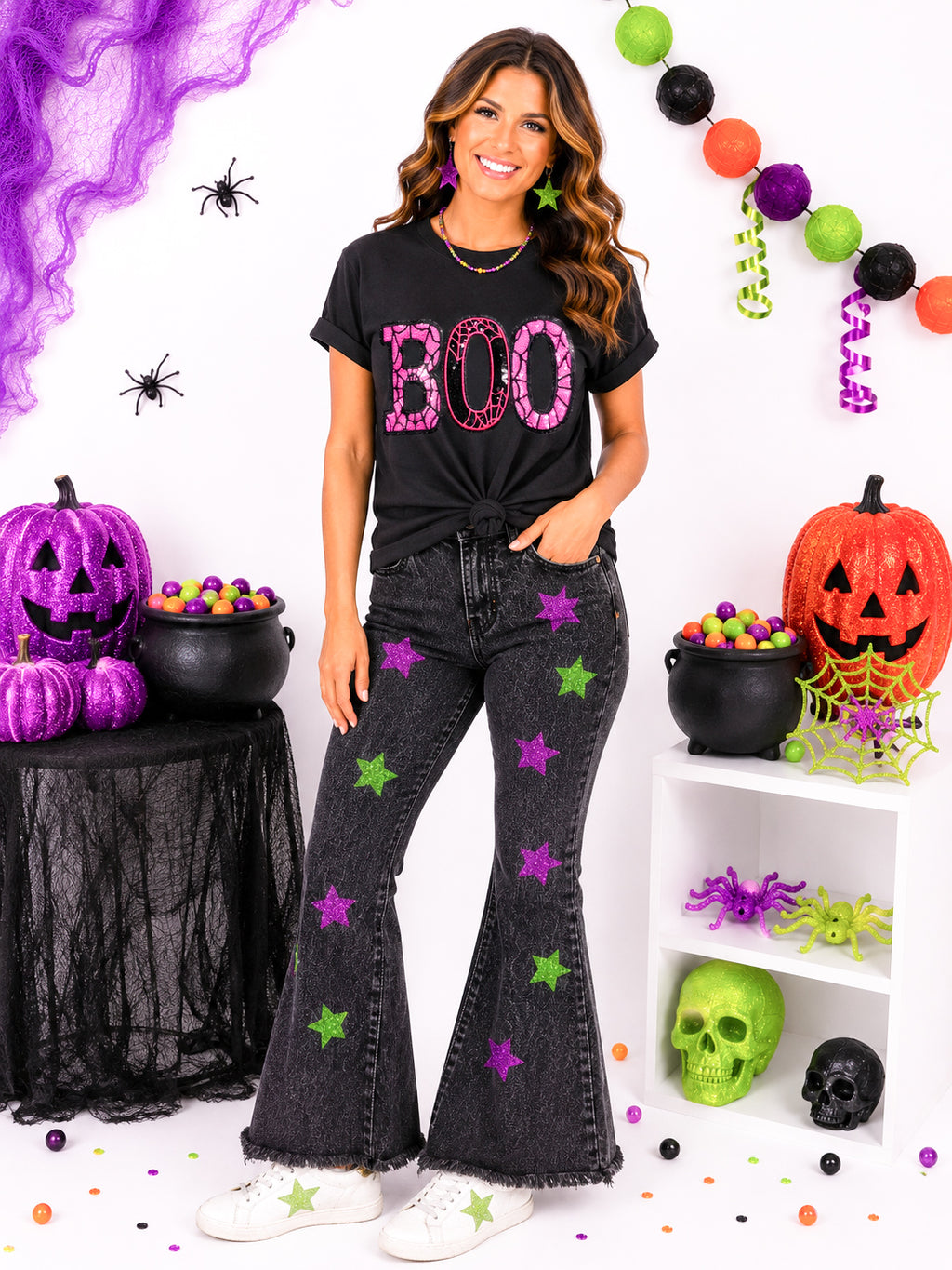 Pink Spider Web Boo Halloween Sequin Patch Tshirt