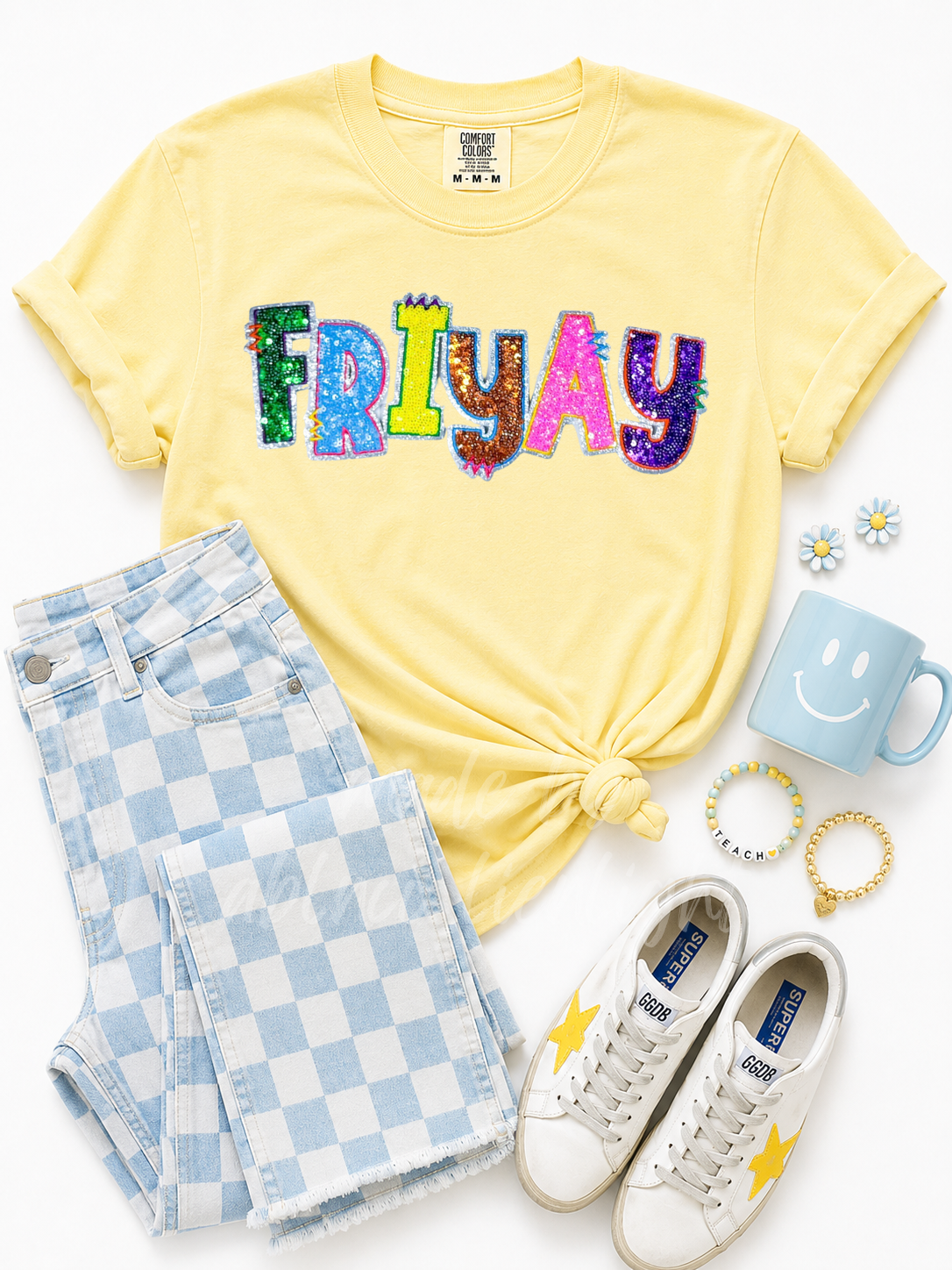 Colorful Friyay Teacher Sequin Patch Tshirt
