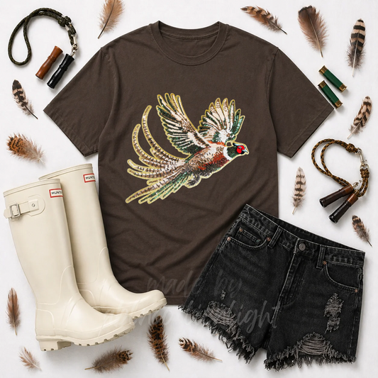Pheasant Bird Hunting Sequin Patch Tshirt