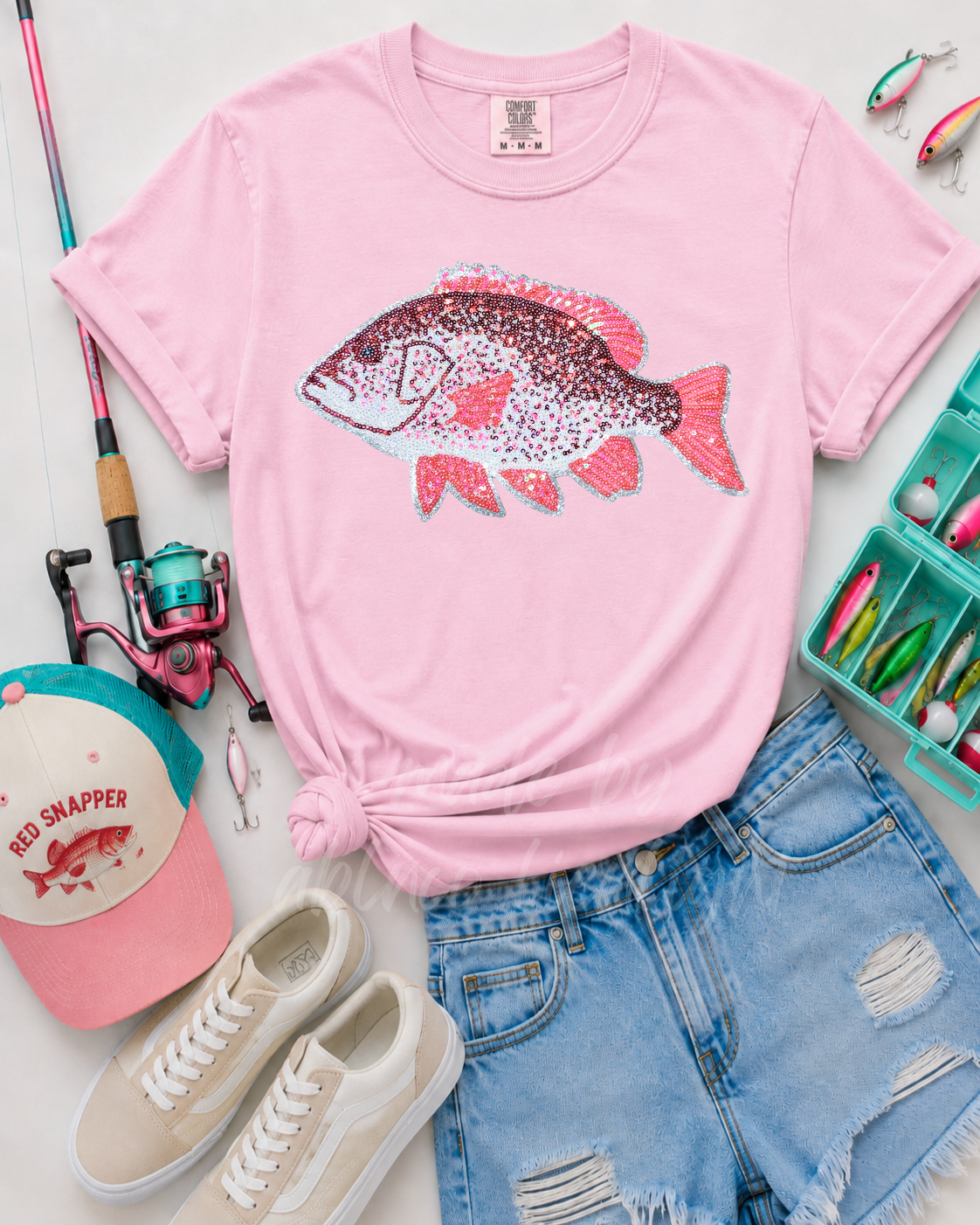 Red Snapper Fish Summer Sequin Patch Tshirt