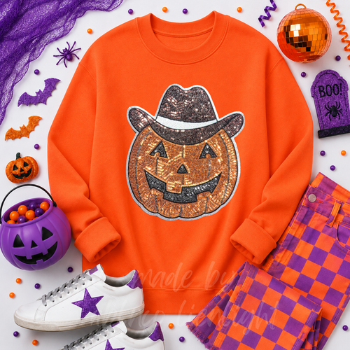 Cowboy Pumpkin Halloween Sequin Patch - Large