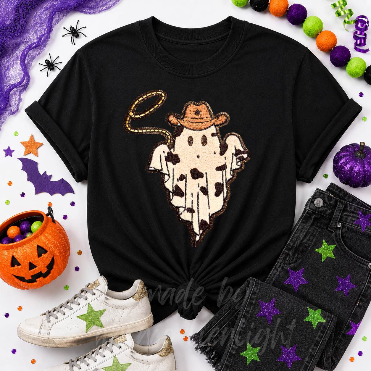 Cowboy Robe Ghost Halloween Sequin Patch Tshirt