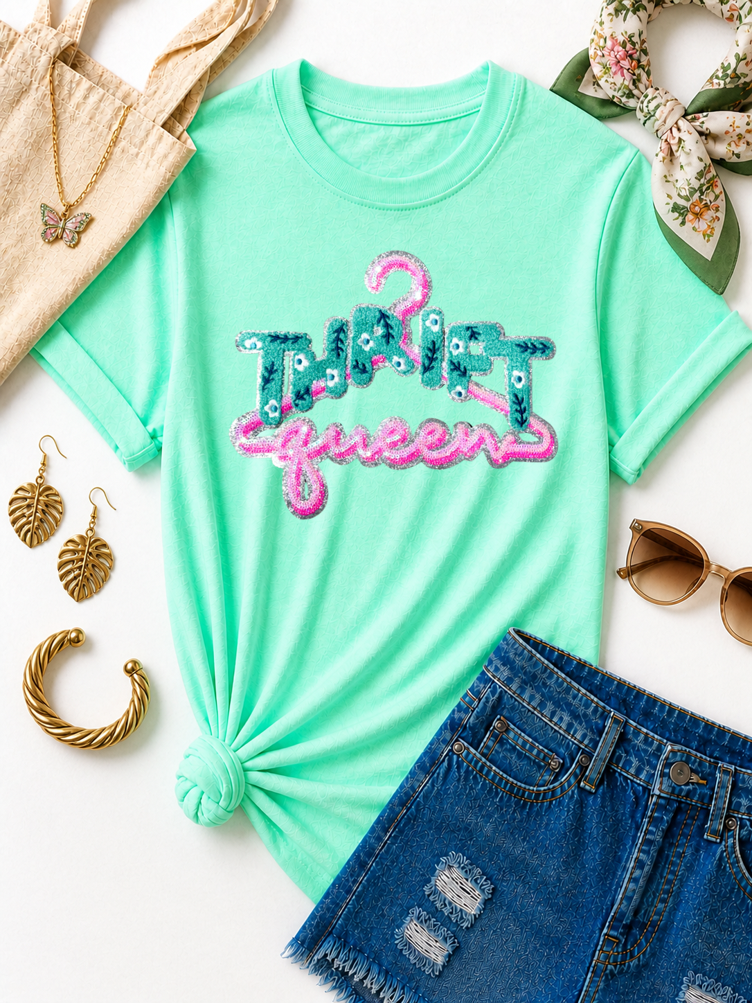 Thrift Queen Chenille Sequin Patch Tshirt