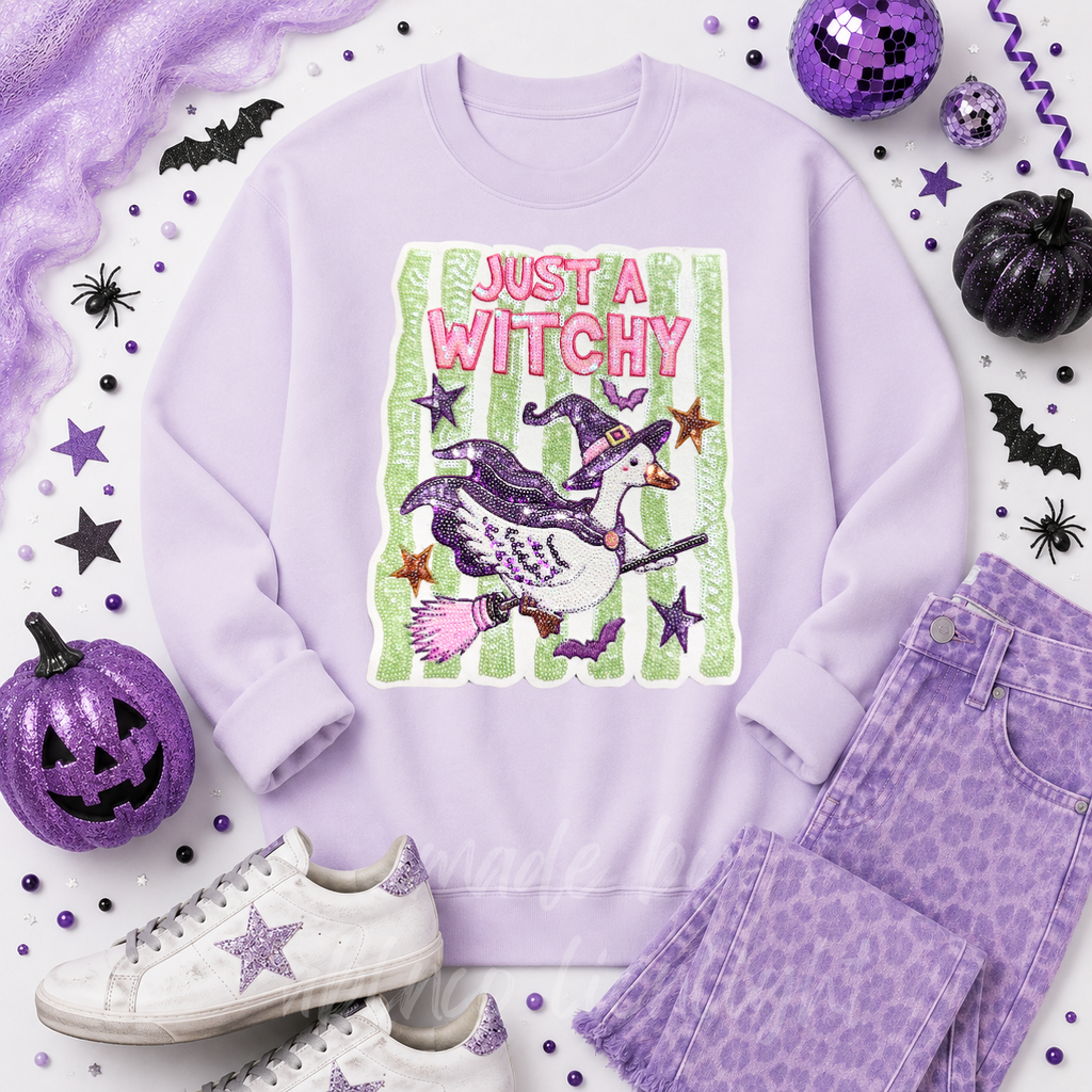 Just A Witchy Goose Halloween Sequin Patch Sweatshirt