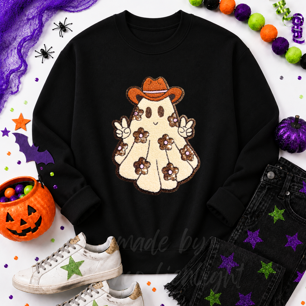 Floral Ghost Halloween Sequin Patch Sweatshirt