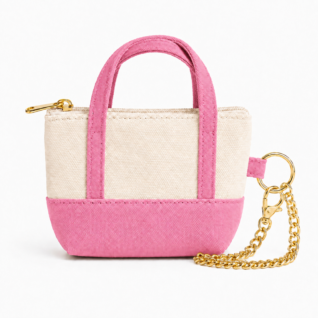 Pink Canva Mini Tote Bag Keychain | Zippered Purse Charm & Pouch