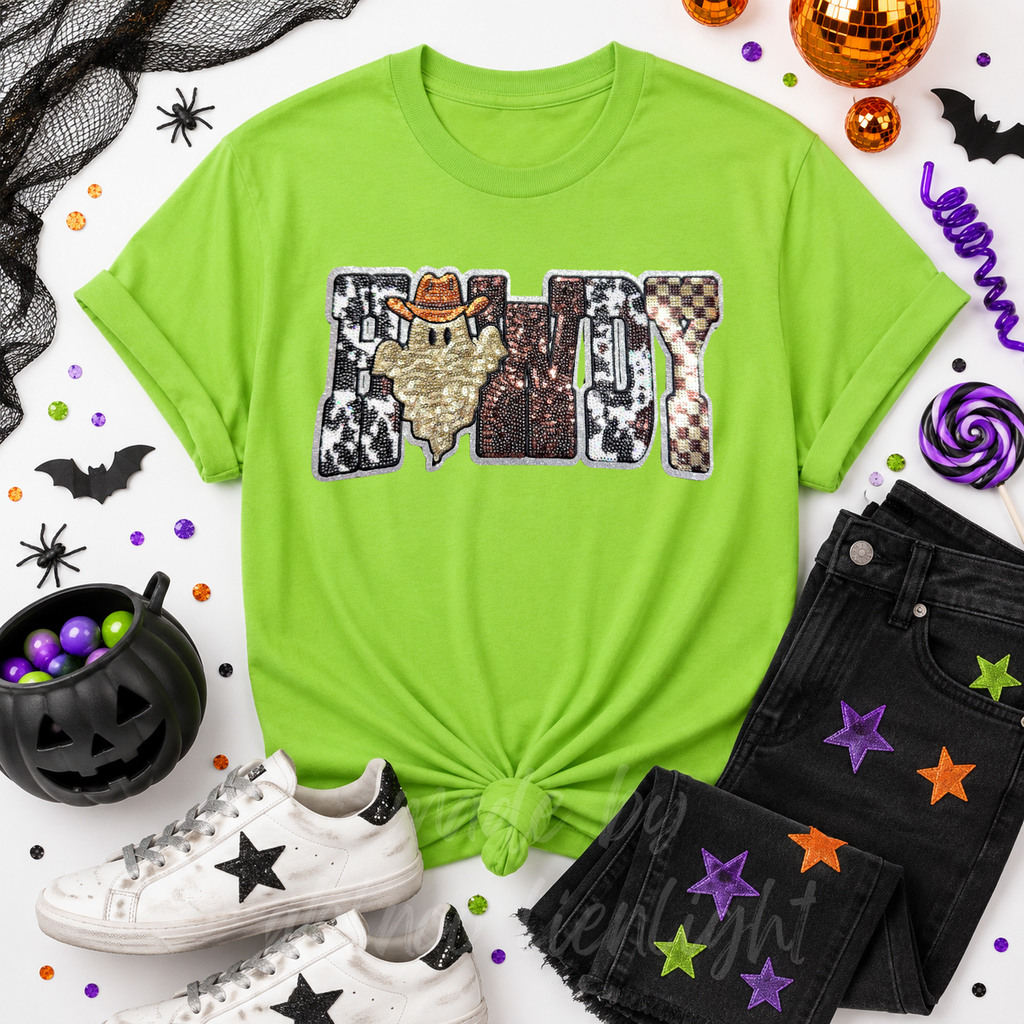 Cow Print Ghost Howdy Halloween Sequin Patch Tshirt