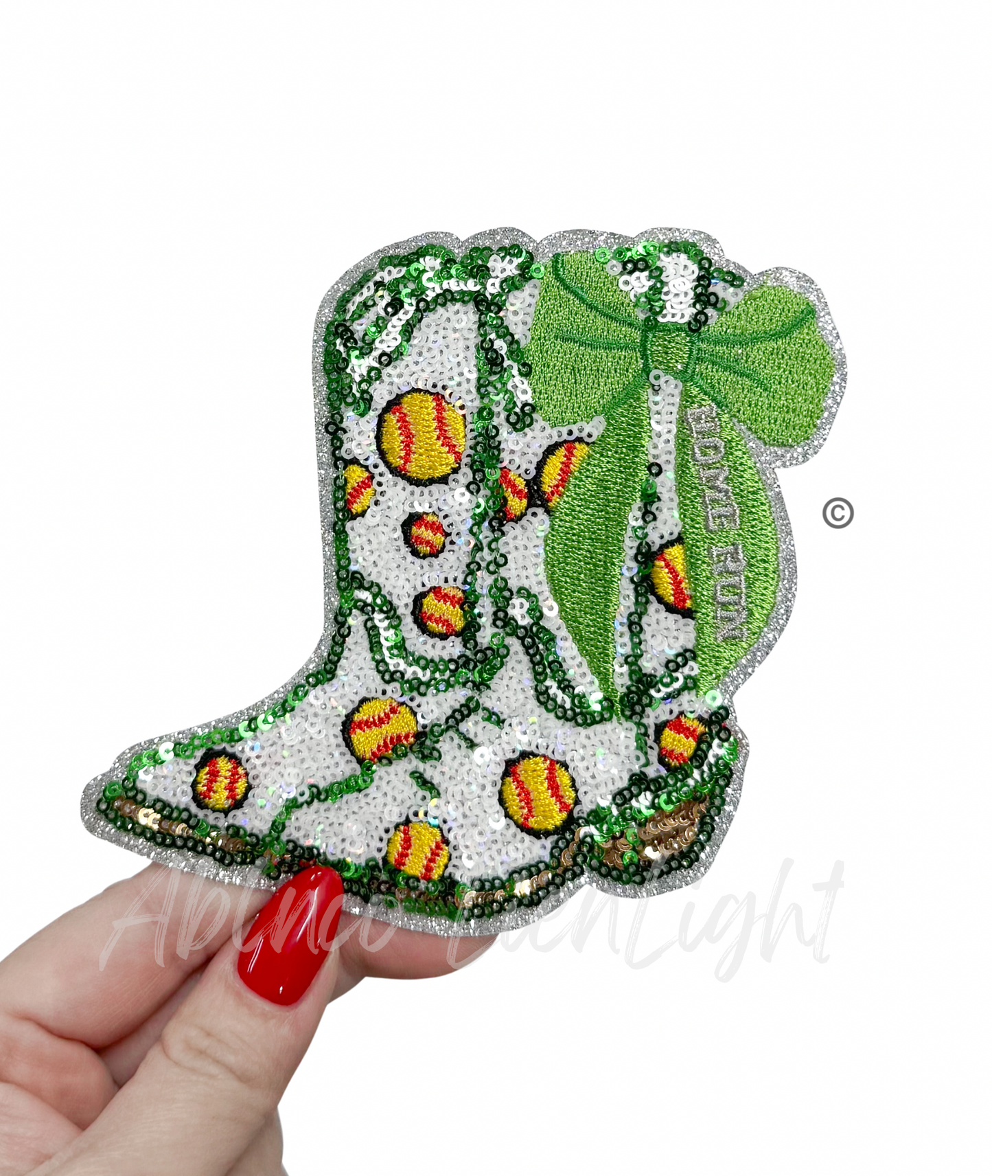 Softball Homerun Star Green Bow Boots Sequin Patch - Small