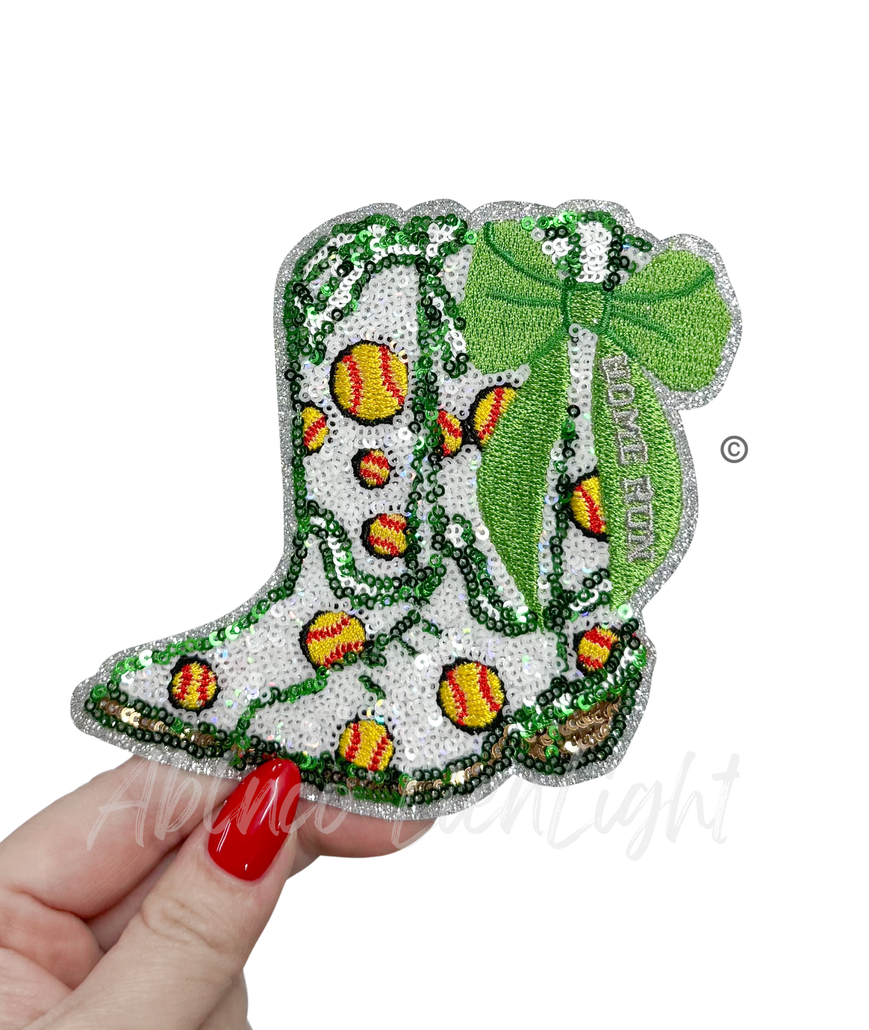 Softball Homerun Green Bow Boots Sequin Patch - Small