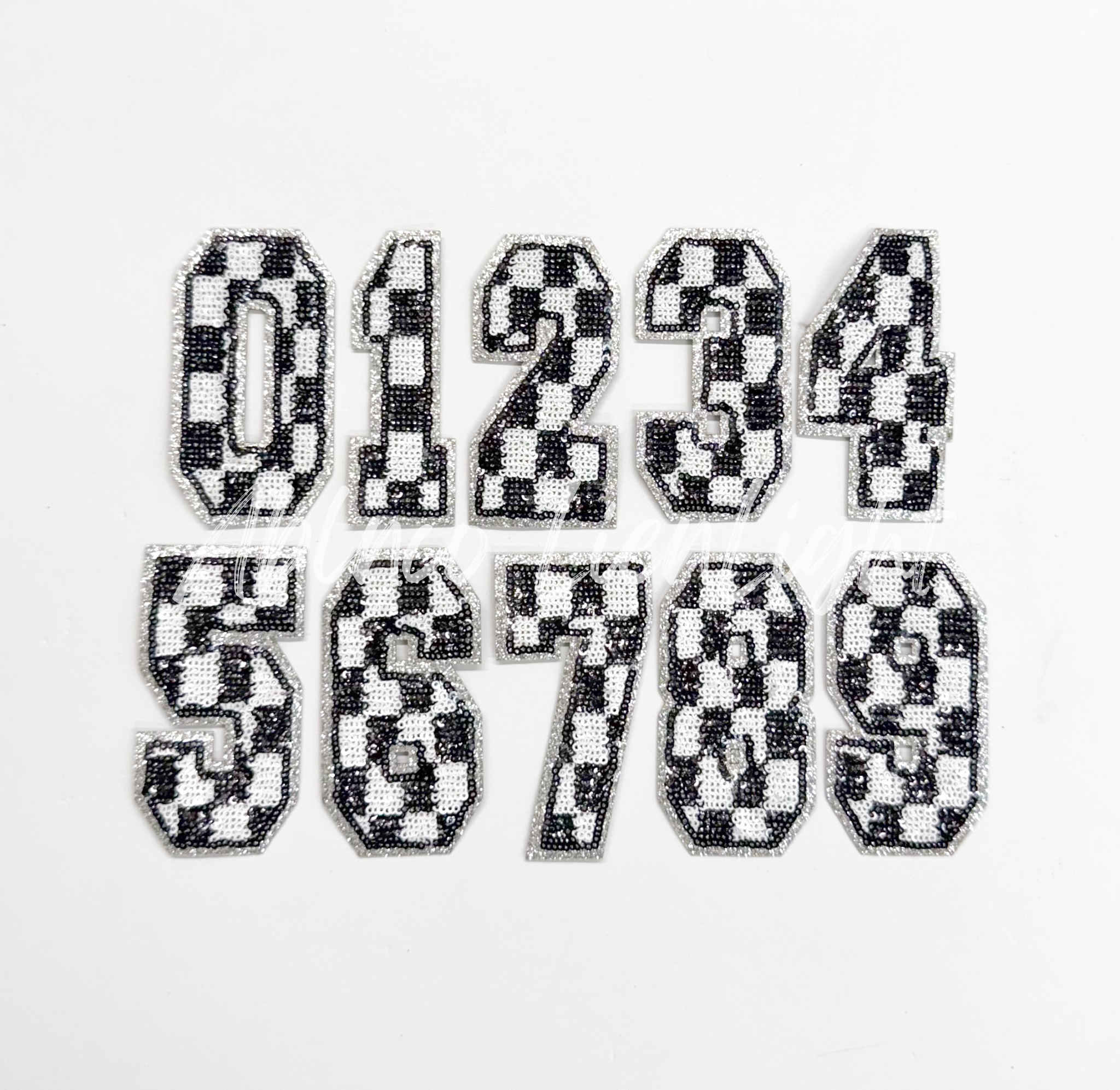 Black & White Checkered Sequin Numbers Patch - Small