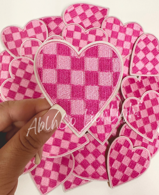 Checkered Heart Pink Embroidery Patch