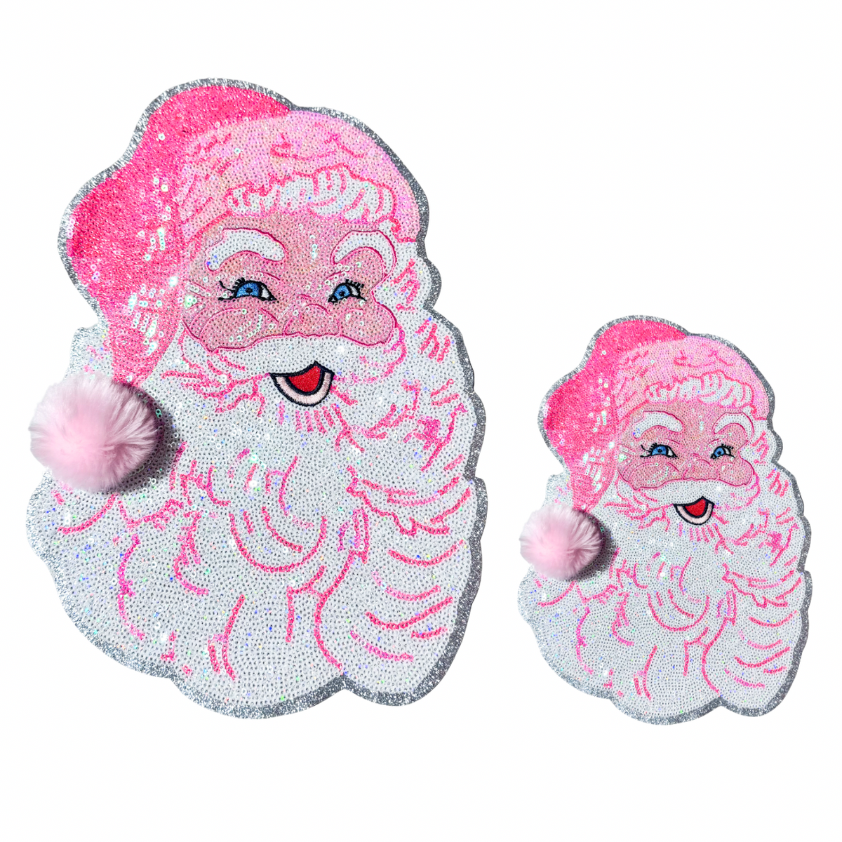 Pink Santa Fuzzy Poof Ball Christmas Sequin Patch