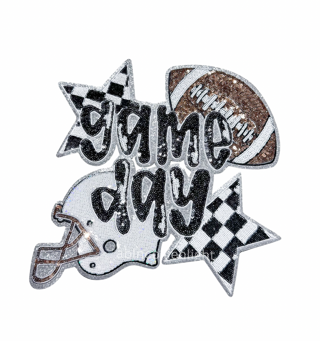 Black Game Day Checkered Football Sequin Patch - Large