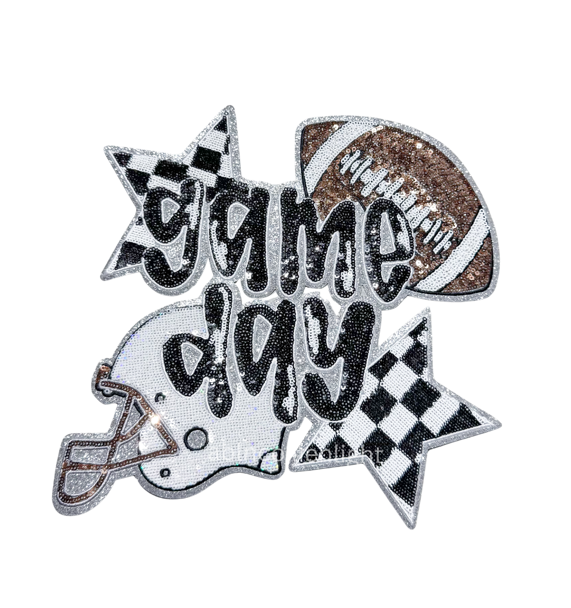 Black Game Day Checkered Football Sequin Patch - Large