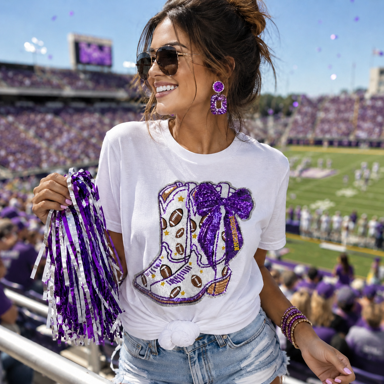 Purple Bow Boot Touchdown Football Sequin Patch Tshirt