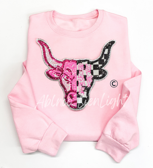 Bull Longhorn Mascot Pink Checkered Sequin Patch - Large