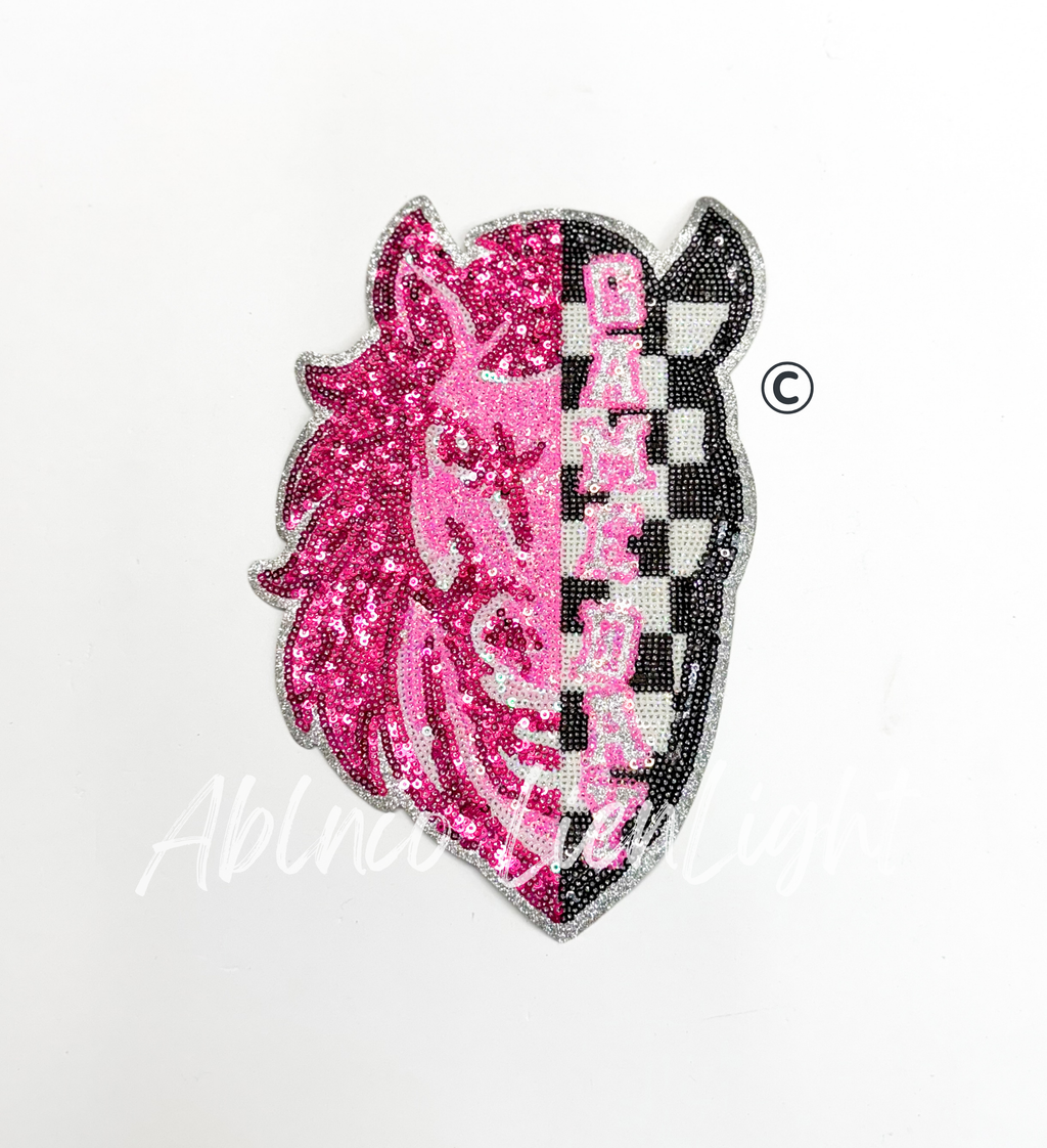 Mustang Mascot Pink Checkered Sequin Patch - Large