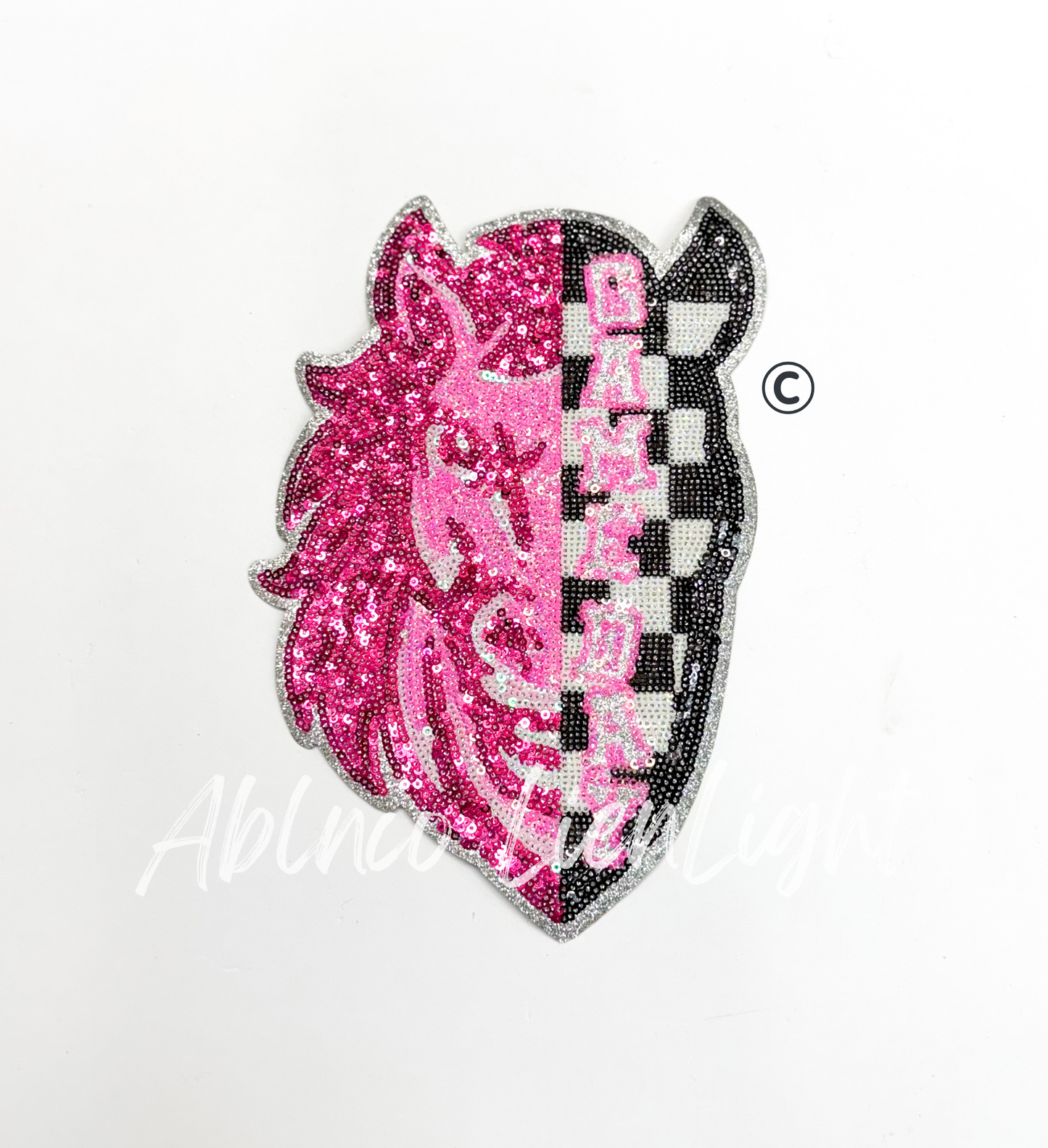 Preppy Pink Checkered Mustang Mascot Game Day Sequin Patch