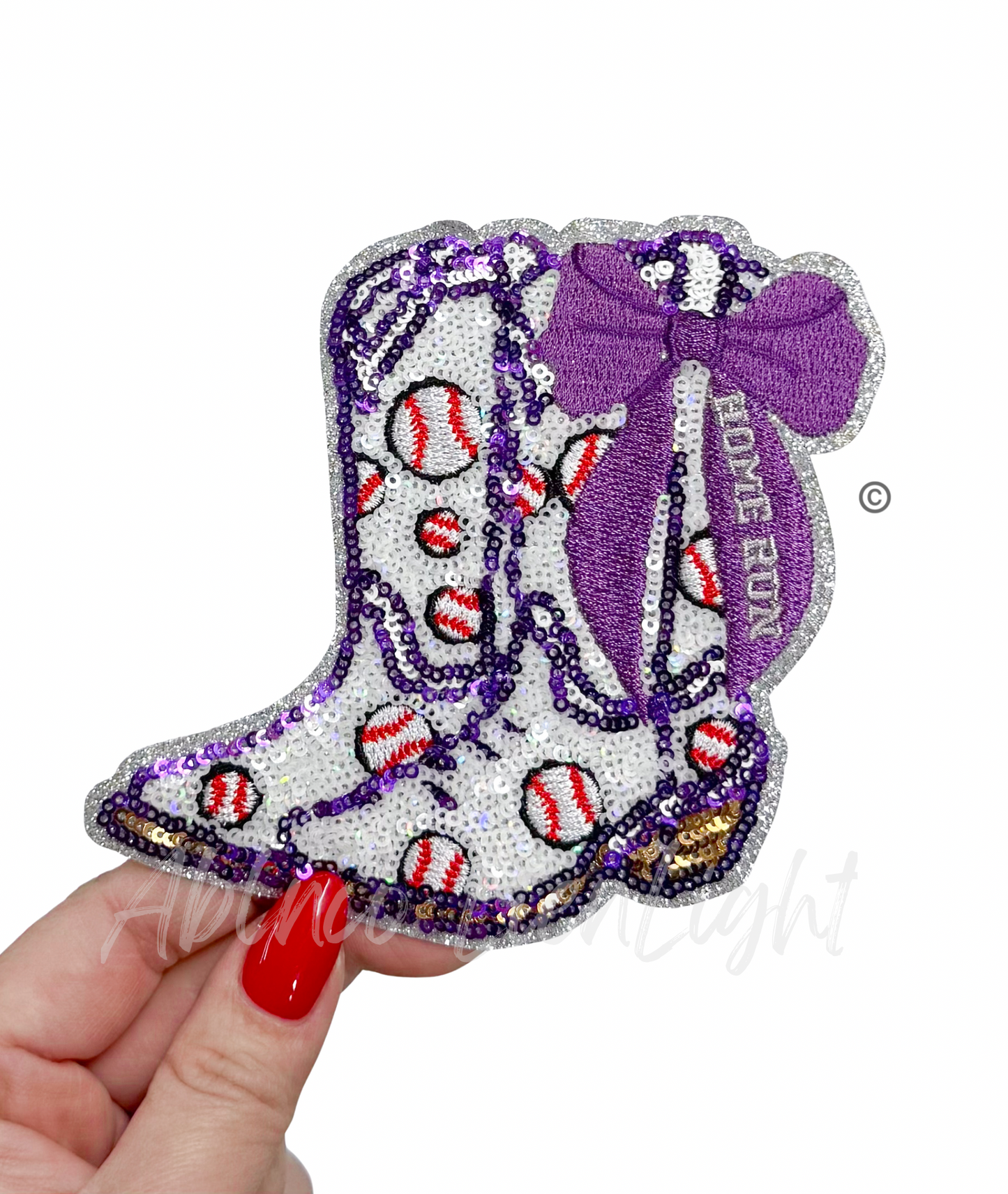 Baseball Homerun Star Purple Bow Boots Sequin Patch - Small