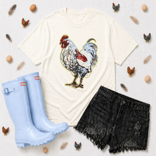Chicken Farming Sequin Patch Tshirt
