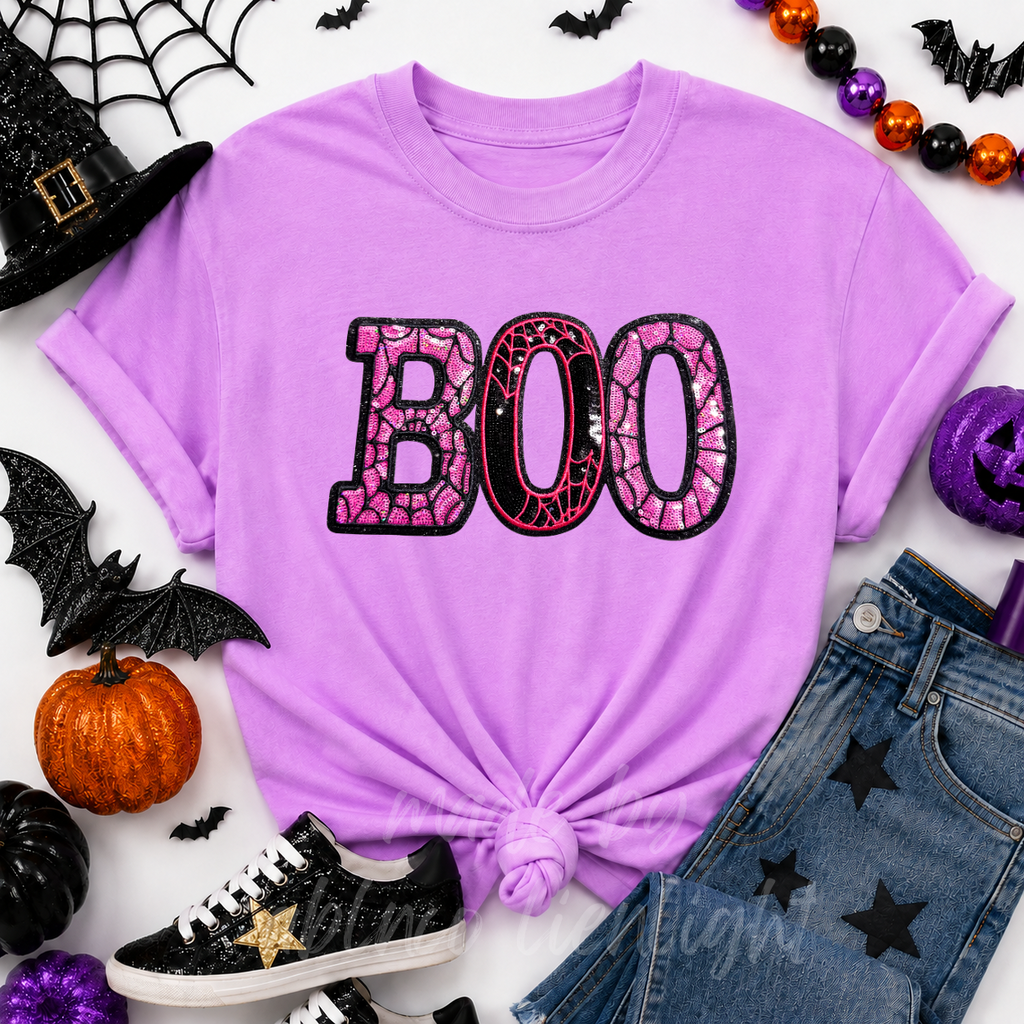 Pink Spider Web Boo Halloween Sequin Patch Tshirt