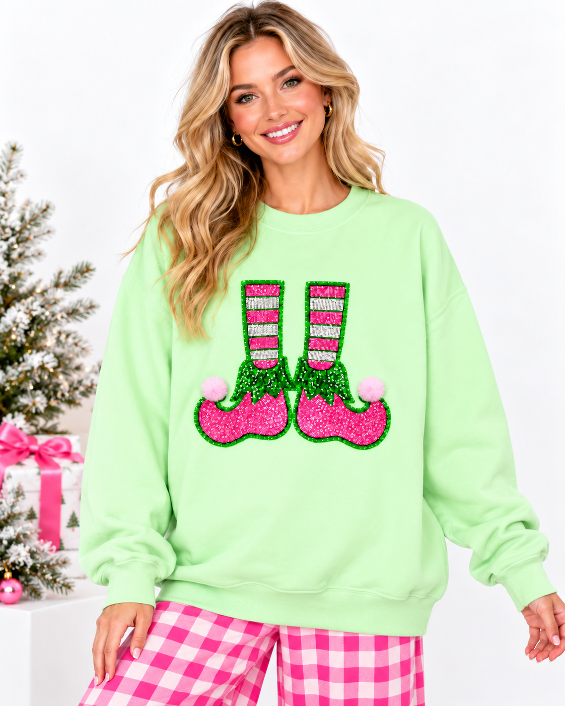 Elf Shoes Fuzzy Poof Ball Christmas Sequin Patch Sweatshirt